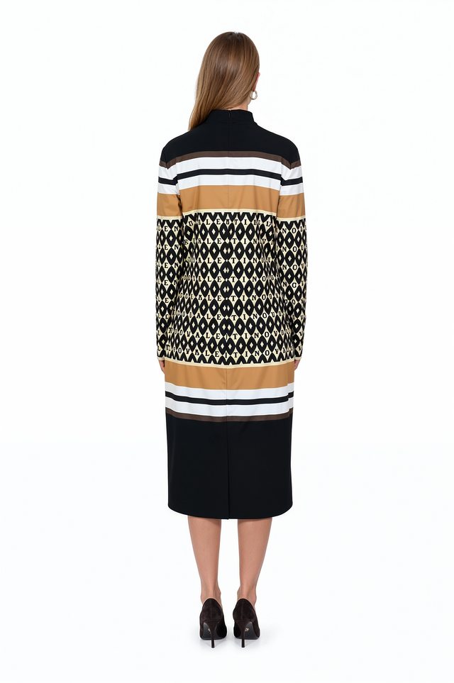Valentino optical monogram and striped mock neck midi dress in camel, black and white