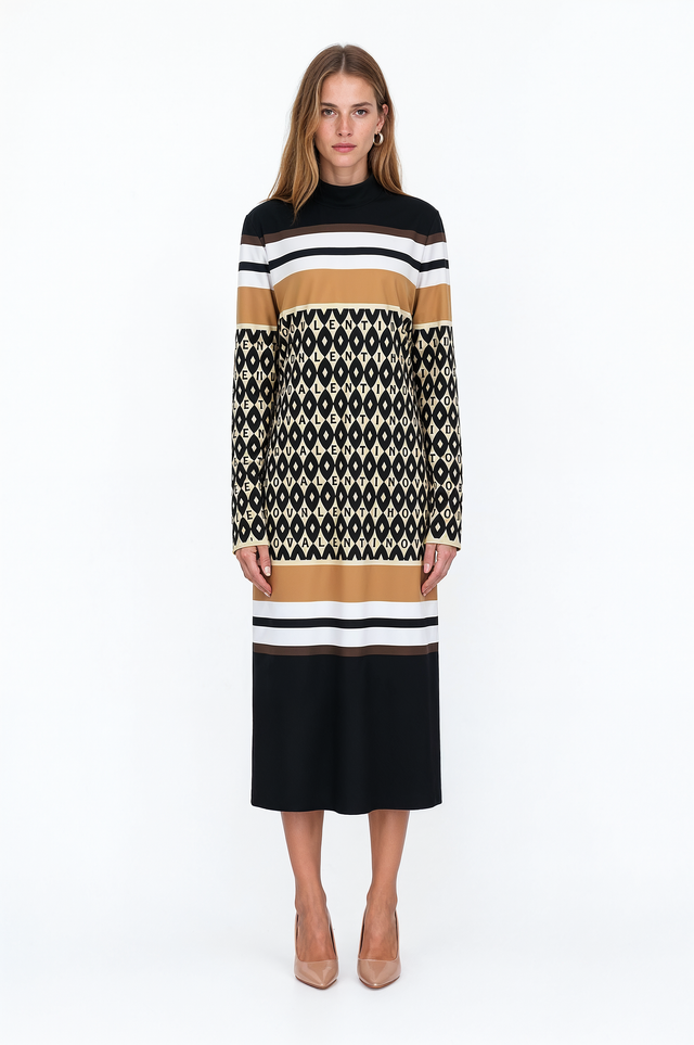 Valentino optical monogram and striped mock neck midi dress in camel, black and white