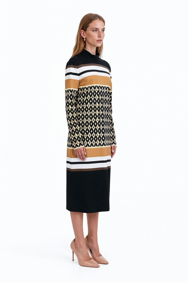 Valentino optical monogram and striped mock neck midi dress in camel, black and white