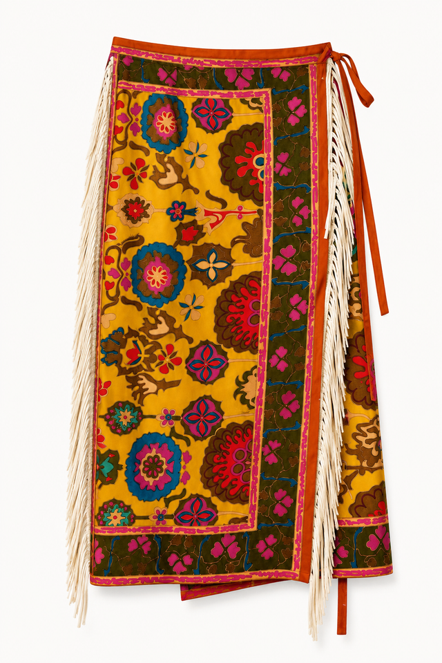 Valentino Fringe Trim Silk Wrap Skirt in Multicolor Floral Print