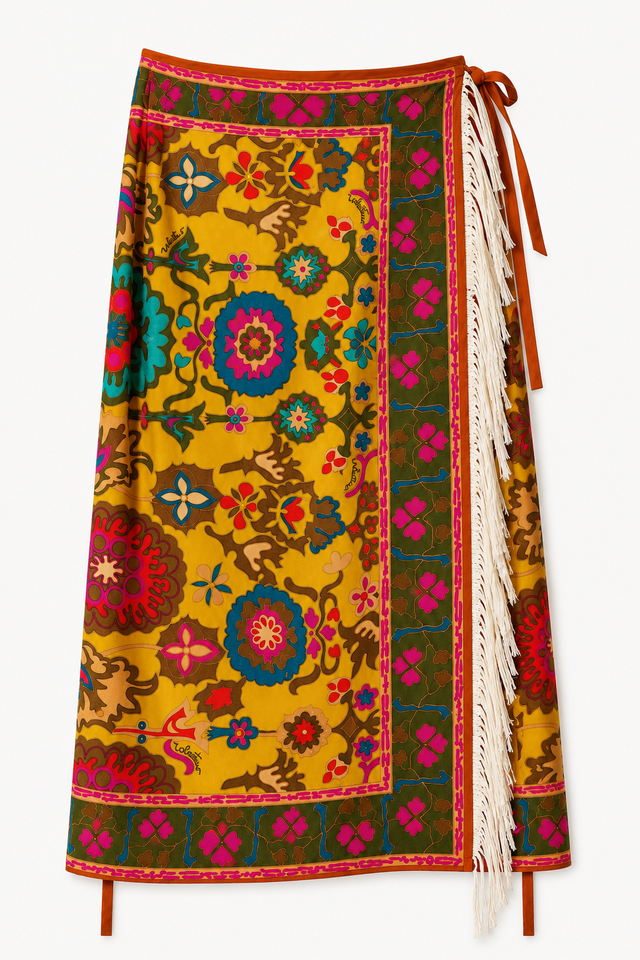Valentino Fringe Trim Silk Wrap Skirt in Multicolor Floral Print