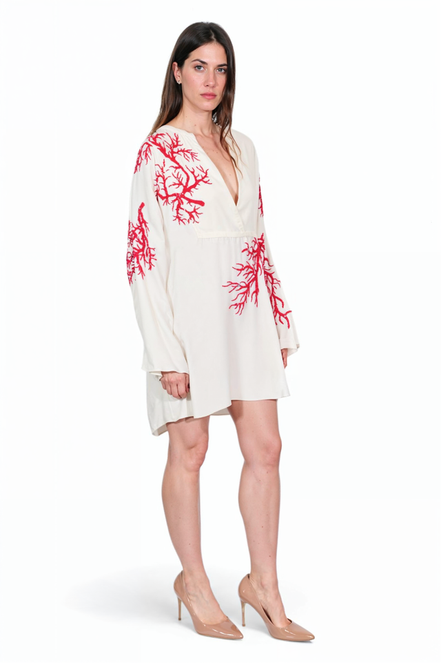 Valentino Ivory Coral Embroidered Mini Dress