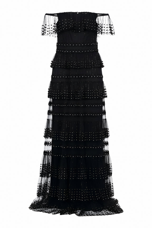 Valentino Off-Shoulder Tiered Beaded Gown
