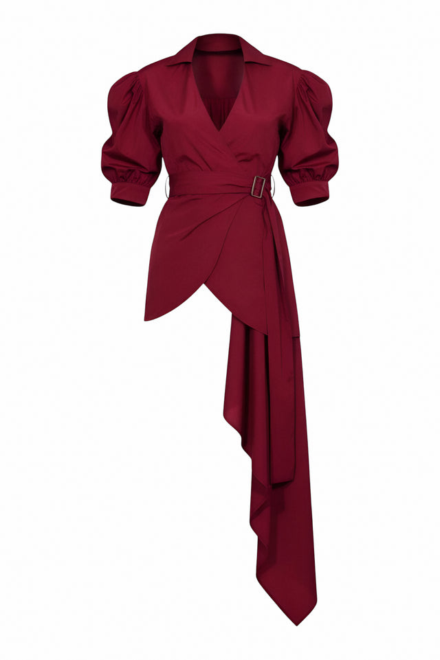 Red Valentino Draped Belted Puff-Sleeve Blouse