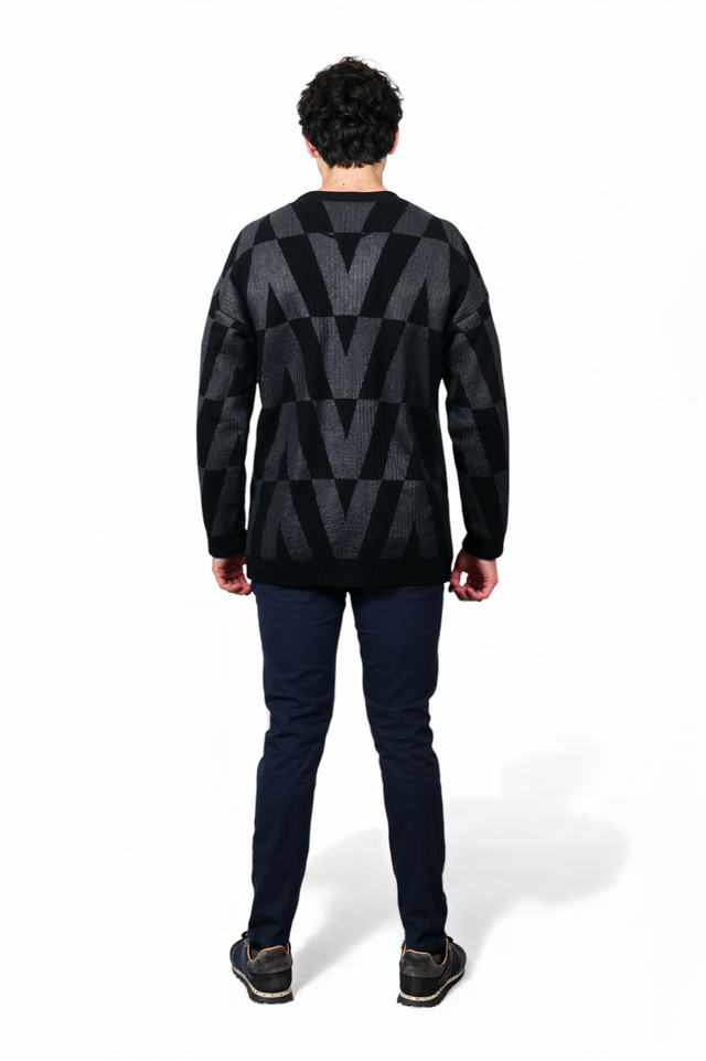 Valentino Black & Grey Geometric Logo Knit Cardigan