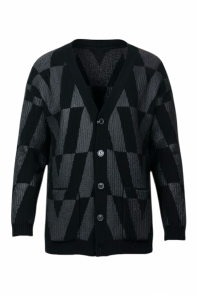 Valentino Black & Grey Geometric Logo Knit Cardigan