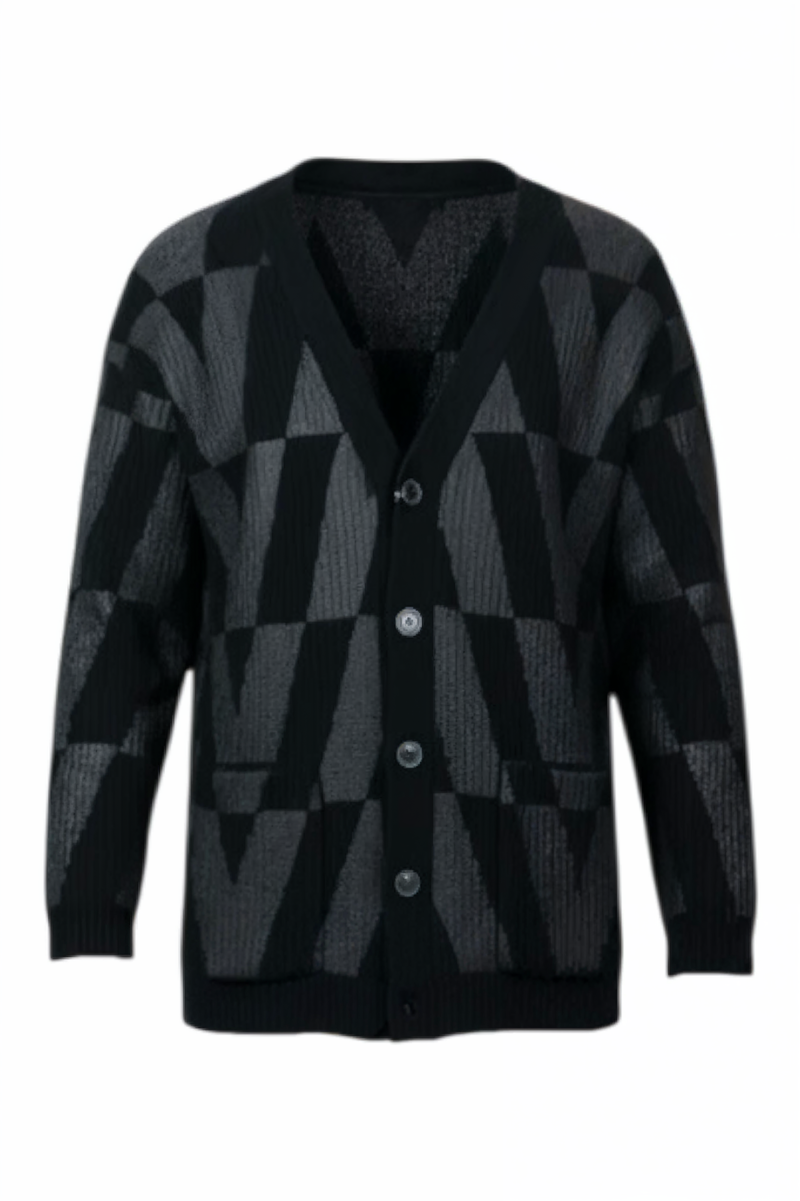 Valentino Black & Grey Geometric Logo Knit Cardigan