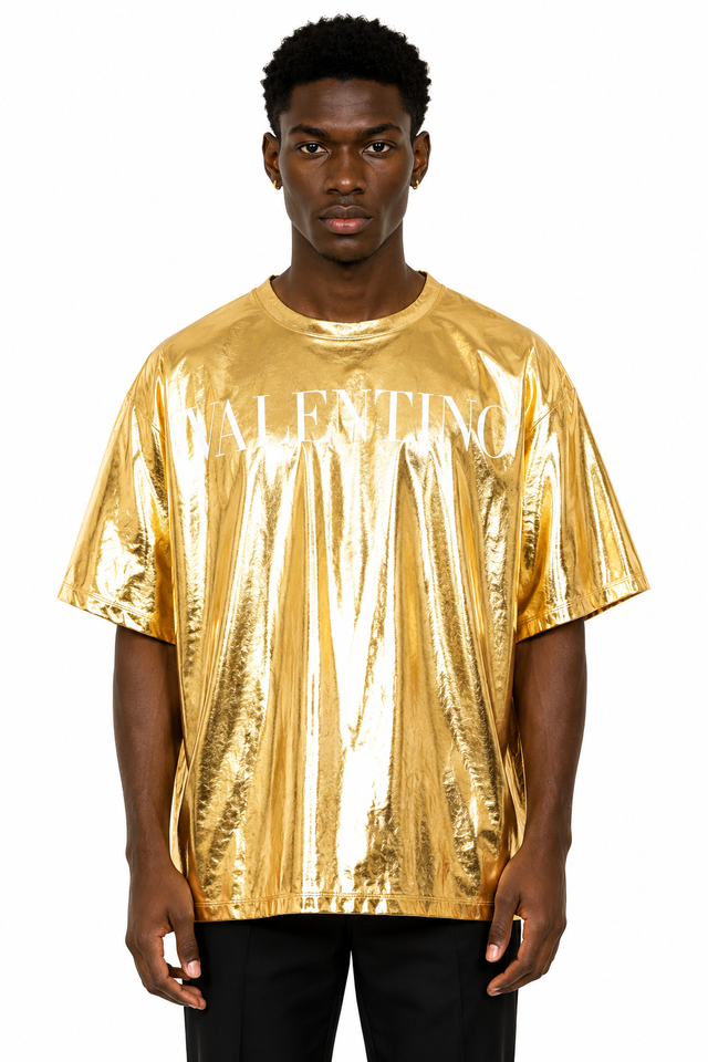 Valentino Men’s Metallic Gold Logo Oversized T-Shirt