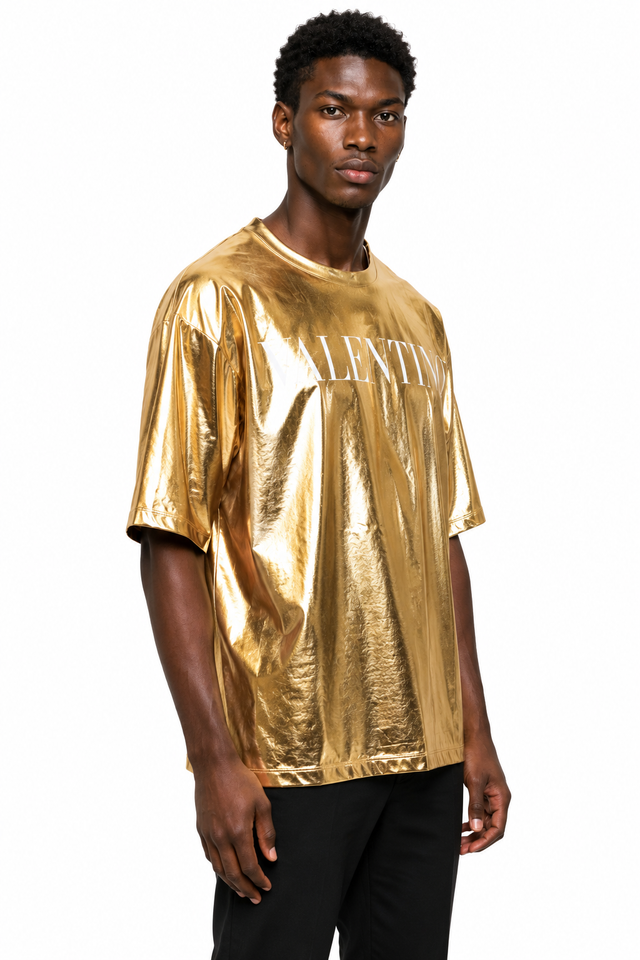 Valentino Men’s Metallic Gold Logo Oversized T-Shirt