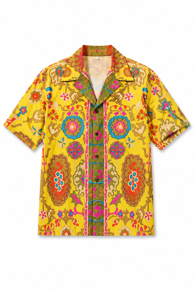Valentino Men’s Yellow Baroque Print Camp Collar Short Sleeve Shirt