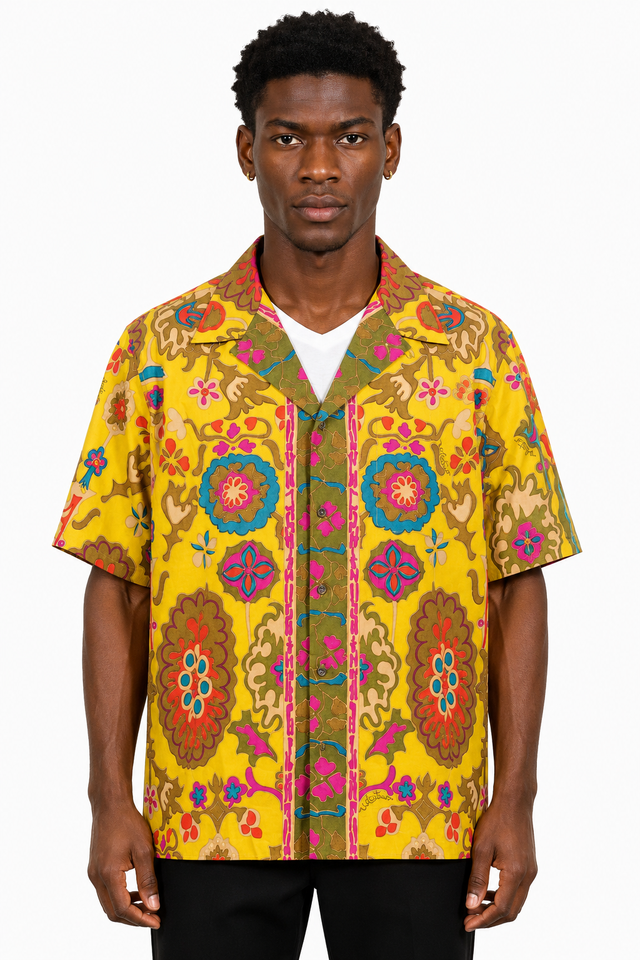 Valentino Men’s Yellow Baroque Print Camp Collar Short Sleeve Shirt