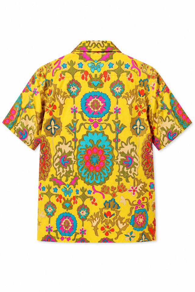 Valentino Men’s Yellow Baroque Print Camp Collar Short Sleeve Shirt