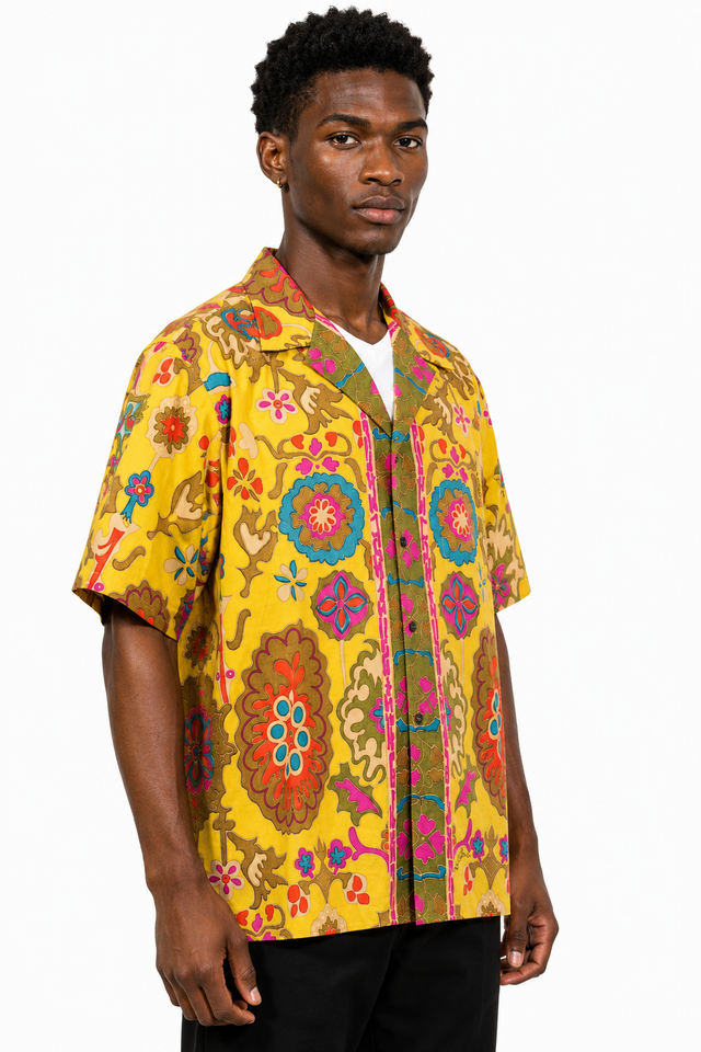 Valentino Men’s Yellow Baroque Print Camp Collar Short Sleeve Shirt