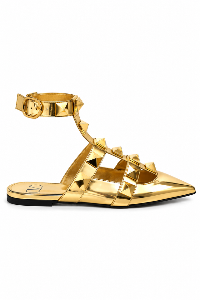 Valentino Garavani Roman Stud Metallic Gold Pointed-Toe Flats