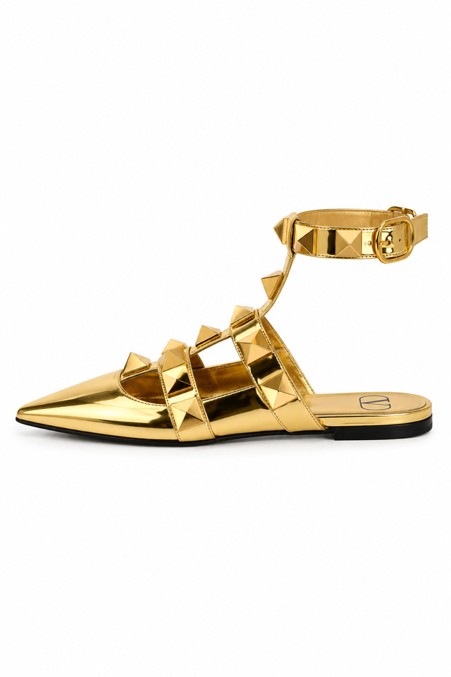 Valentino Garavani Roman Stud Metallic Gold Pointed-Toe Flats
