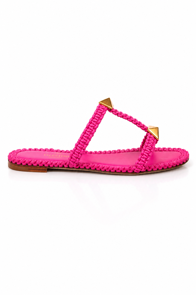 Valentino Garavani Roman Stud Braided Flat Sandals – Hot Pink & Brown