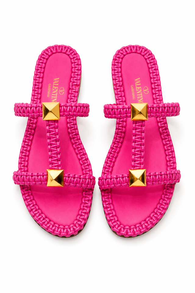 Valentino Garavani Roman Stud Braided Flat Sandals – Hot Pink & Brown
