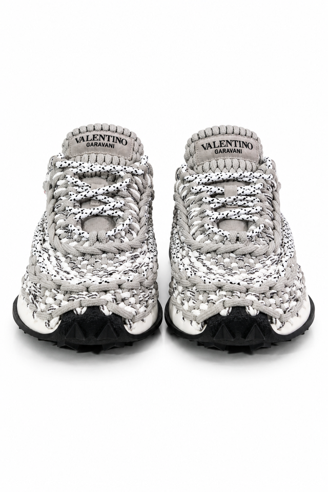 Valentino Garavani Crochet Low-Top Sneakers in grey and white with woven rope-effect upper