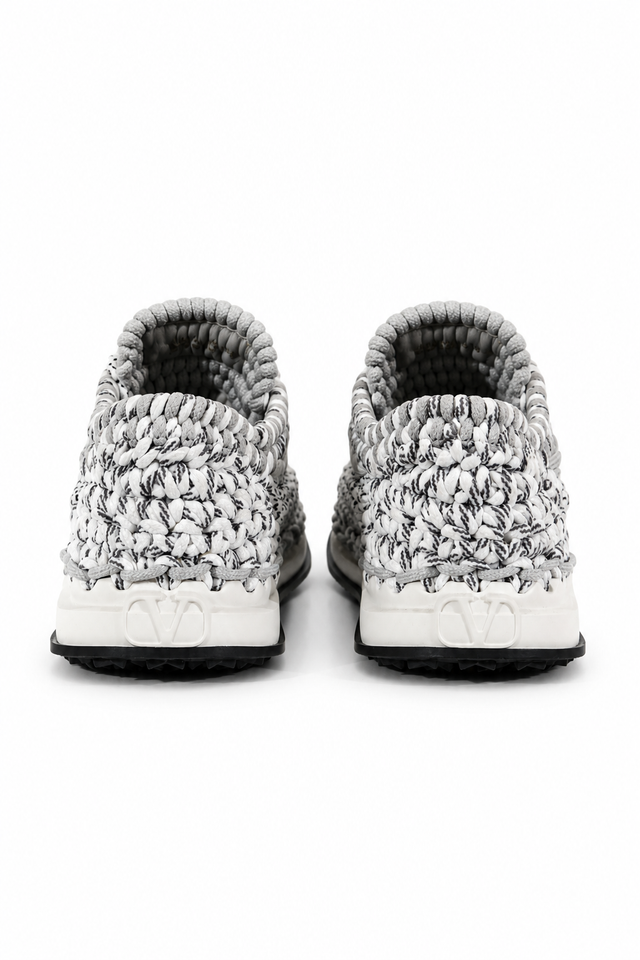 Valentino Garavani Crochet Low-Top Sneakers in grey and white with woven rope-effect upper