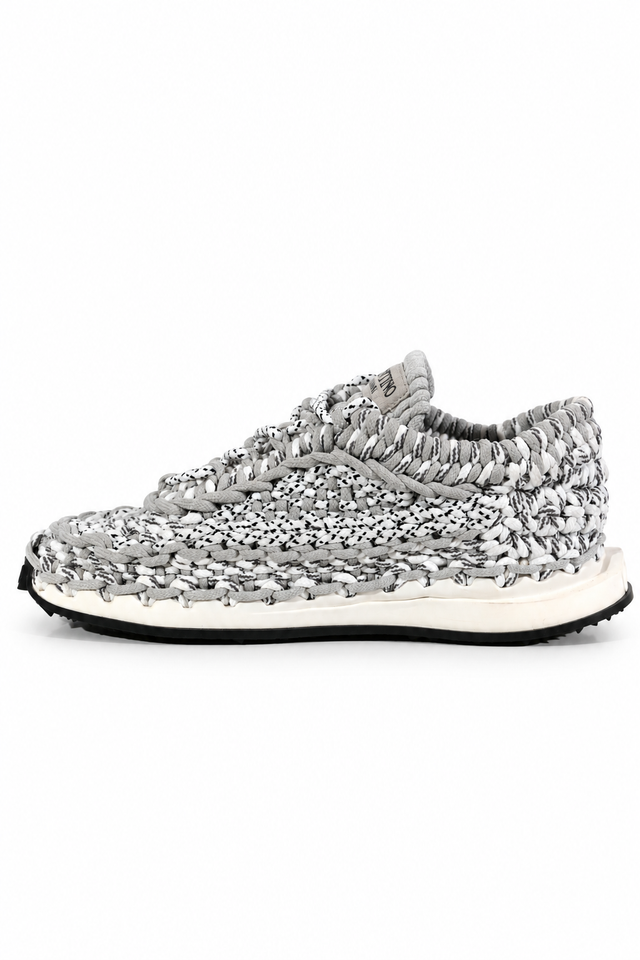 Valentino Garavani Crochet Low-Top Sneakers in grey and white with woven rope-effect upper