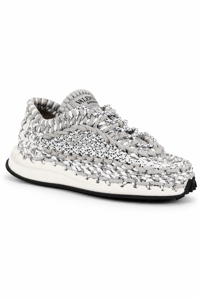 Valentino Garavani Crochet Low-Top Sneakers in grey and white with woven rope-effect upper