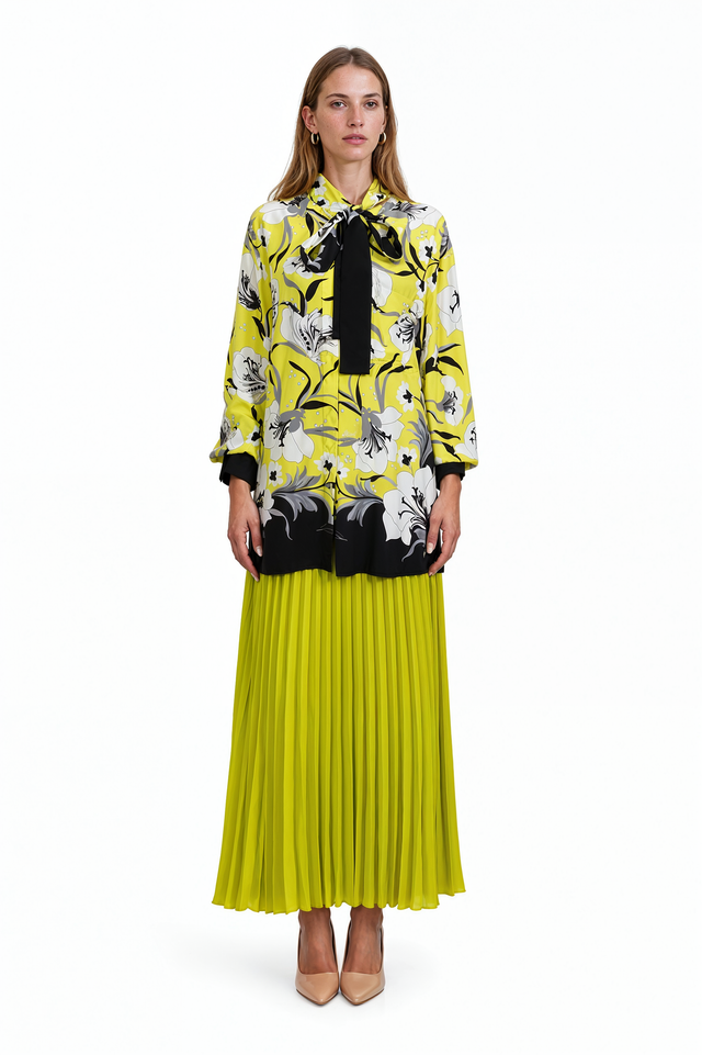 Valentino Floral Print Silk Tie-Neck Blouse in chartreuse yellow with black and white botanical print