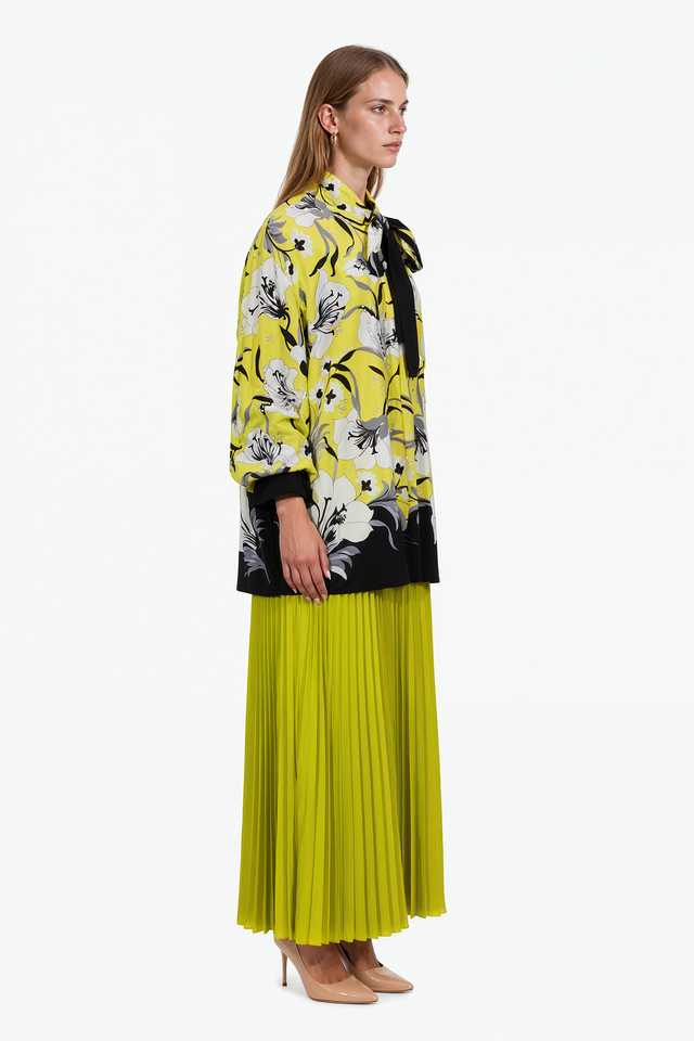 Valentino Floral Print Silk Tie-Neck Blouse in chartreuse yellow with black and white botanical print