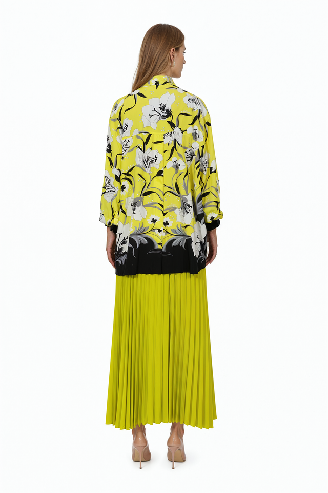 Valentino Floral Print Silk Tie-Neck Blouse in chartreuse yellow with black and white botanical print