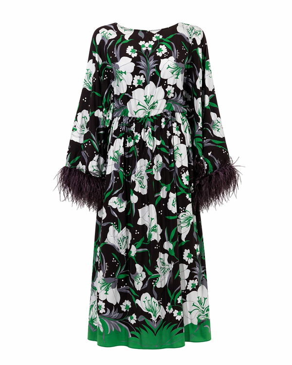 Valentino Floral Print Midi Dress with Feather Trim Sleeves in Black & Green