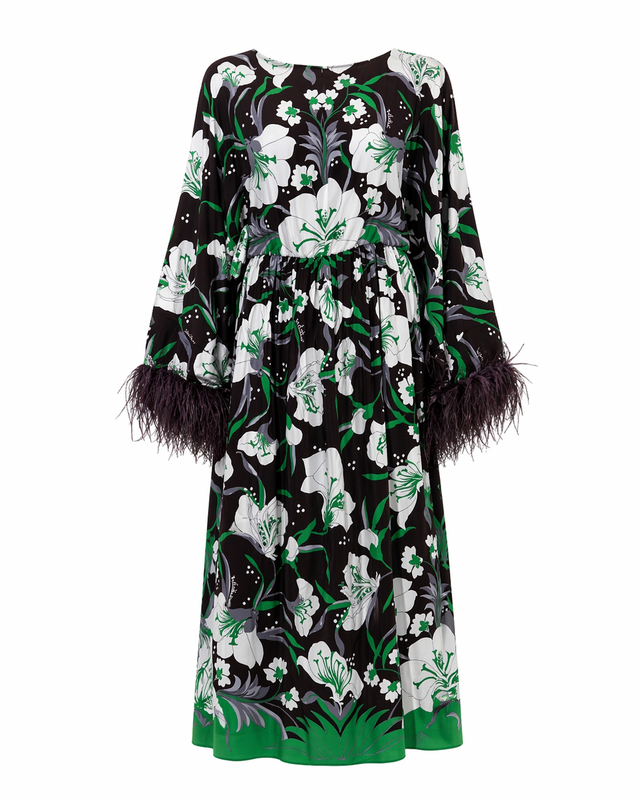 Valentino Floral Print Midi Dress with Feather Trim Sleeves in Black & Green