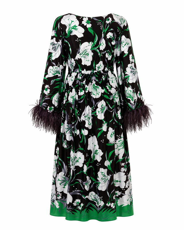 Valentino Floral Print Midi Dress with Feather Trim Sleeves in Black & Green