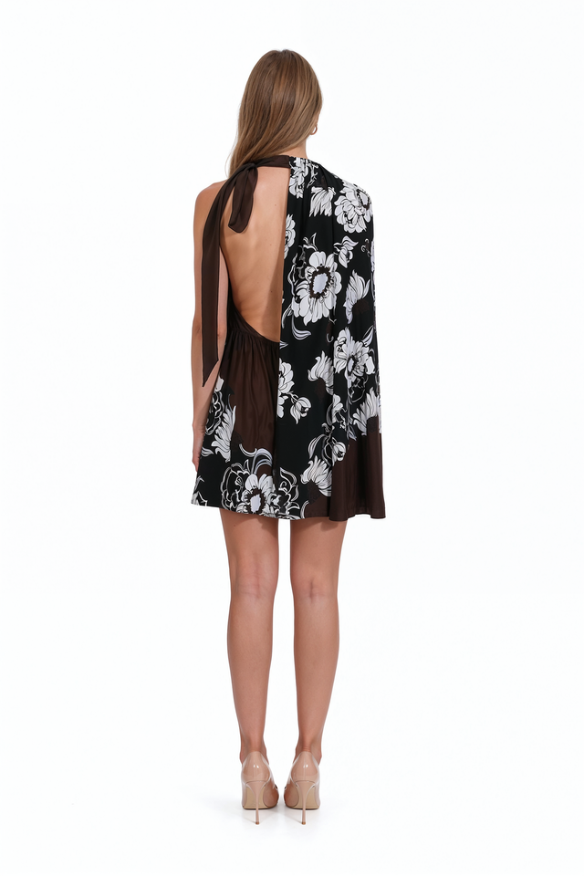 Valentino Floral Print Asymmetric Cape Mini Dress in black, white and chocolate brown