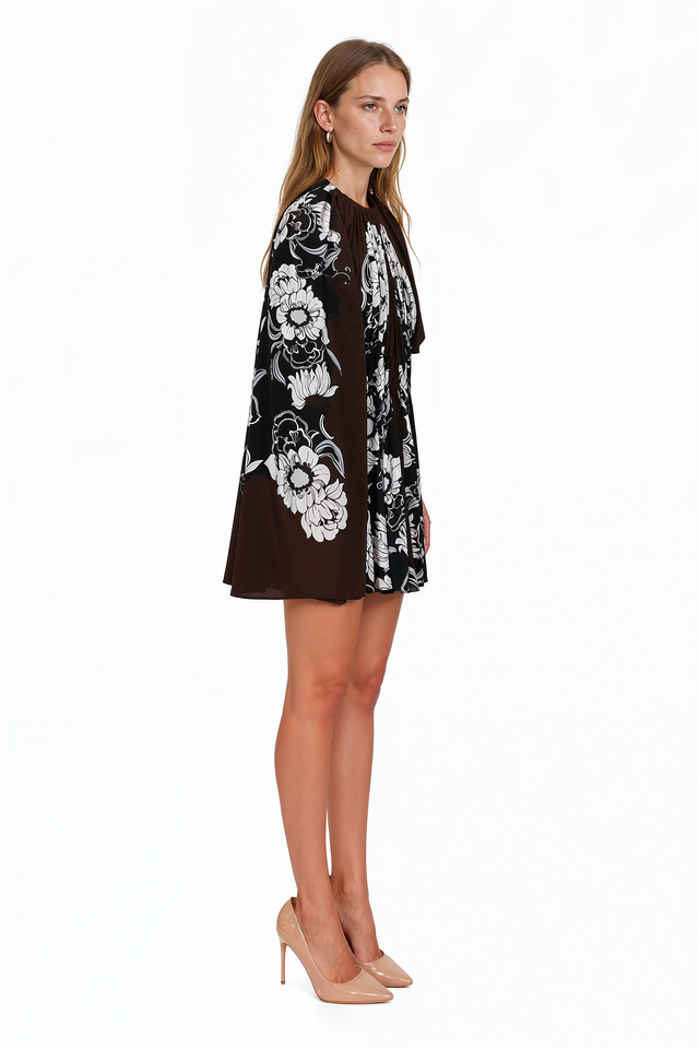 Valentino Floral Print Asymmetric Cape Mini Dress in black, white and chocolate brown