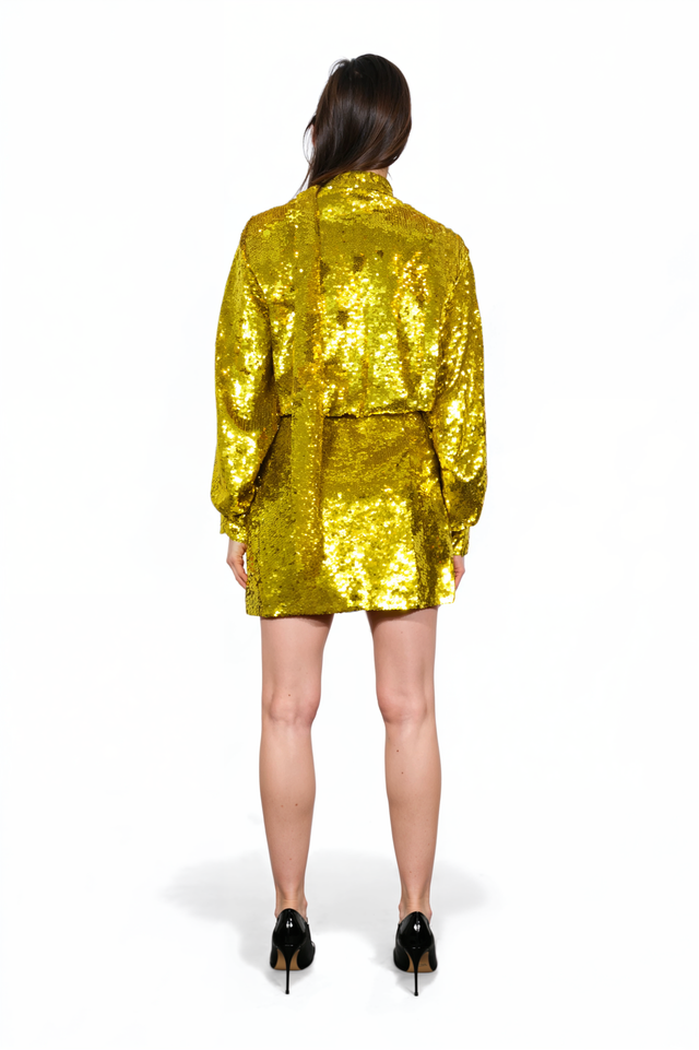 Valentino Gold Sequin High-Neck Draped Mini Dress
