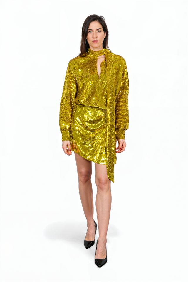 Valentino Gold Sequin High-Neck Draped Mini Dress
