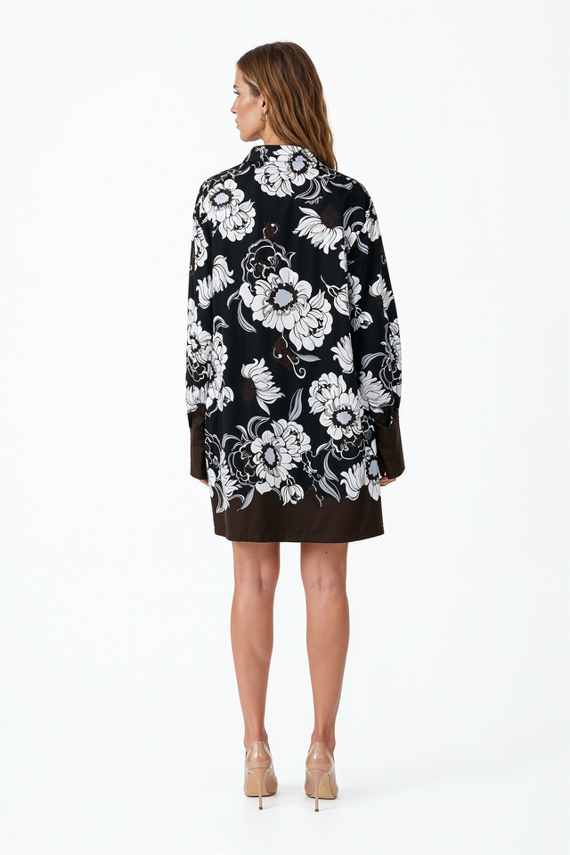 Valentino espresso brown floral print button-front tunic shirt dress