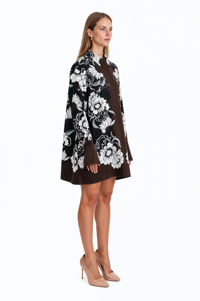 Valentino espresso brown floral print button-front tunic shirt dress