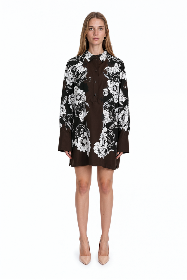 Valentino espresso brown floral print button-front tunic shirt dress
