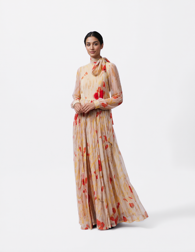 Valentino Floral Chiffon Scarf-Neck Gown