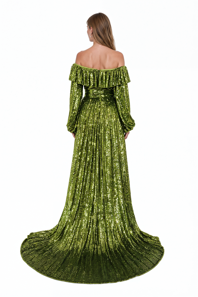 Valentino olive green off-the-shoulder sequined silk evening gown with train