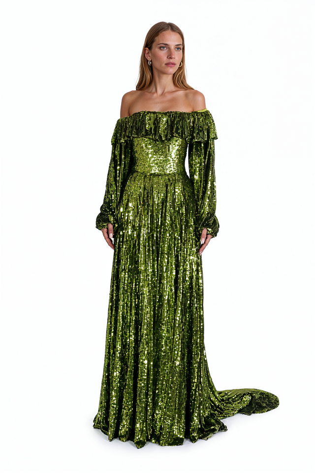 Valentino olive green off-the-shoulder sequined silk evening gown with train