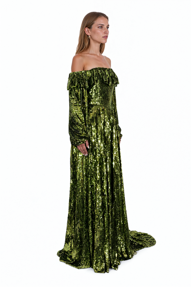 Valentino olive green off-the-shoulder sequined silk evening gown with train