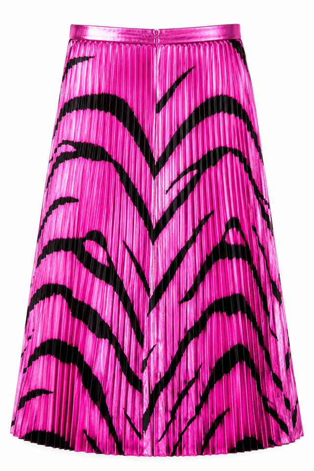 Valentino Metallic Fuchsia Zebra Print Pleated Midi Skirt