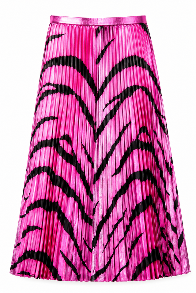 Valentino Metallic Fuchsia Zebra Print Pleated Midi Skirt