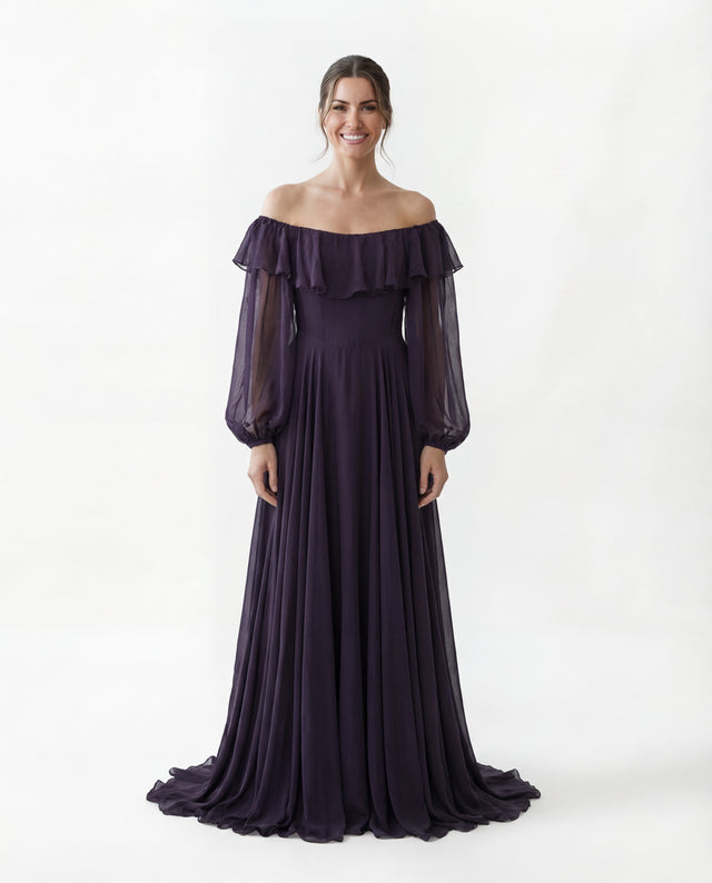 Valentino Plum Off-Shoulder Chiffon Evening Gown
