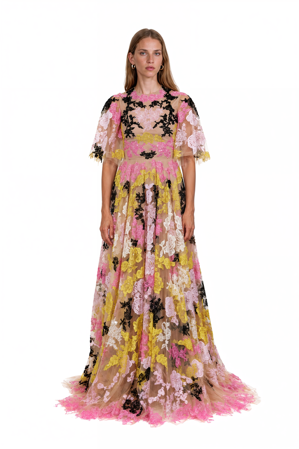 Valentino nude tulle floral embroidered floor-length gown