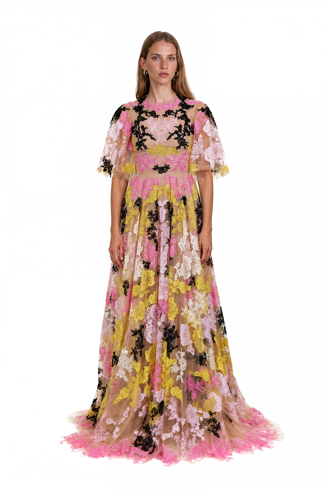 Valentino Floral Embroidered Tulle Gown
