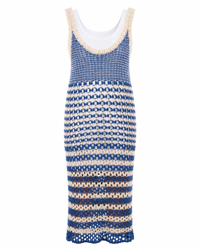 Red Valentino Crochet Knit Midi Dress with Slip Lining in Blue & Ivory