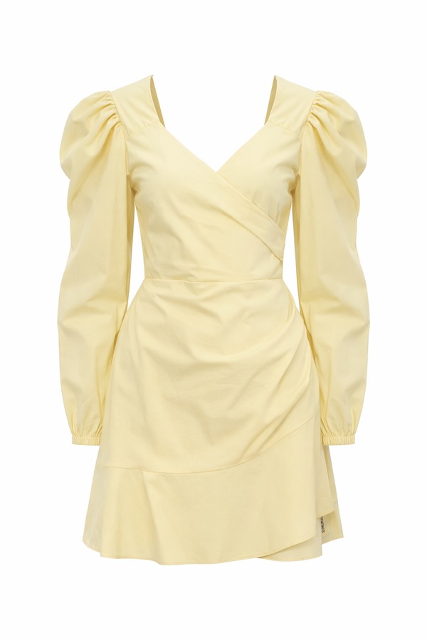 Red Valentino Wrap-Style Puff Sleeve Mini Dress in Soft Yellow