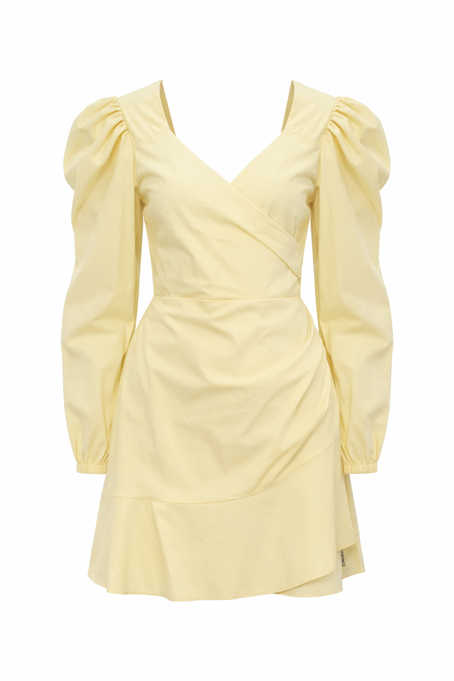 Red Valentino Wrap-Style Puff Sleeve Mini Dress in Soft Yellow
